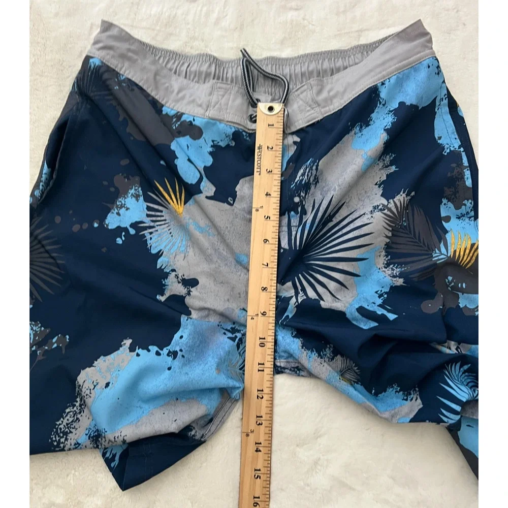 George Mens Swim Trunks Medium 32-34 Blue Gray Tropical Board Shorts Drawstring